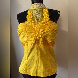 EUC Rare Vintage Y2K by 7 Colors Canary Yellow Embellished Halter Top Size Large
